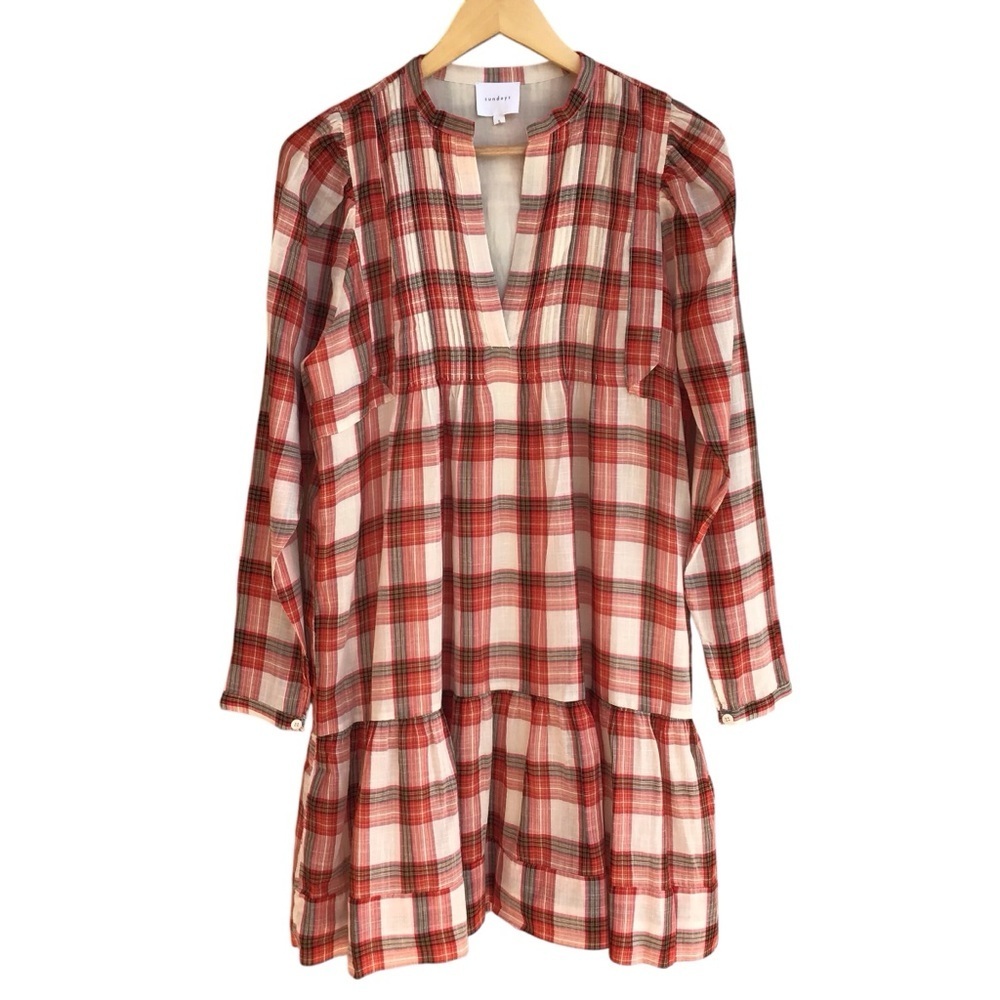 Sundays Jacques Long Sleeve Plaid Dress Pintuck Boho Dress NEW - Picture 2 of 15